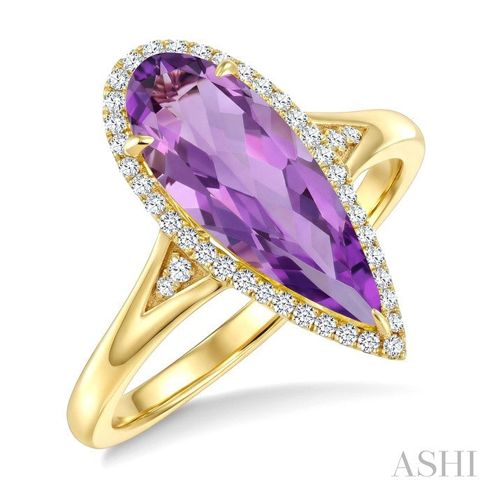 16X6 MM Evoque Gemstones Pear Shape Amethyst and 1/6 Ctw Round Cut Diamond Semi-Precious Ring in 14K Yellow Gold