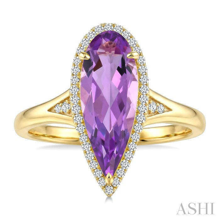 16X6 MM Evoque Gemstones Pear Shape Amethyst and 1/6 Ctw Round Cut Diamond Semi-Precious Ring in 14K Yellow Gold