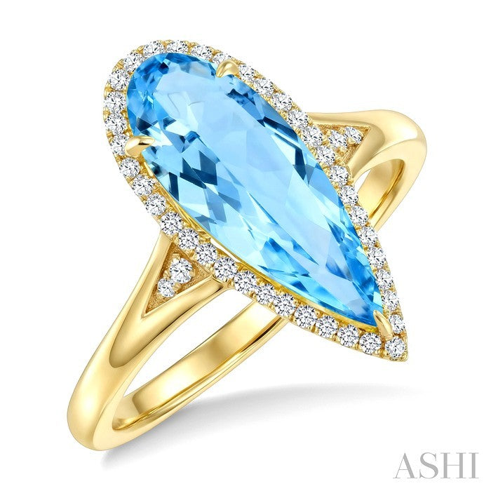 16X6 MM Evoque Gemstones Pear Shape Blue Topaz and 1/6 Ctw Round Cut Diamond Semi-Precious Ring in 14K Yellow Gold