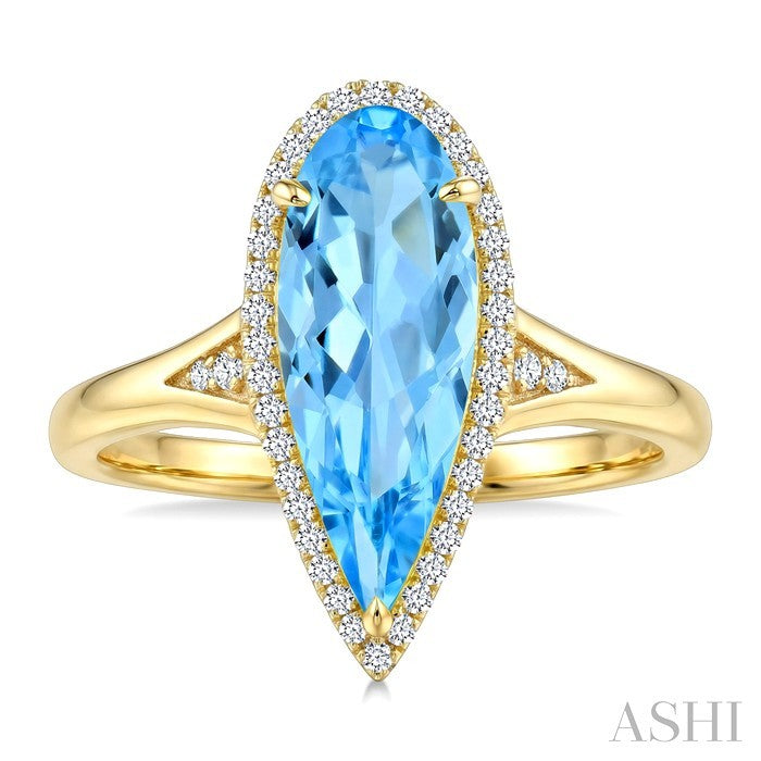 16X6 MM Evoque Gemstones Pear Shape Blue Topaz and 1/6 Ctw Round Cut Diamond Semi-Precious Ring in 14K Yellow Gold