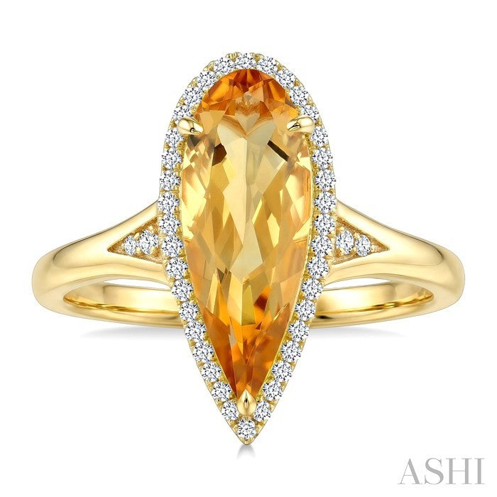 16X6 MM Evoque Gemstone Pear Shape Citrine and 1/6 Ctw Round Cut Diamond Semi-Precious Ring in 14K Yellow Gold