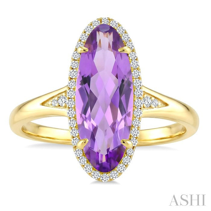 16X6 MM Evoque Gemstones Oval Shape Amethyst and 1/6 Ctw Round Cut Diamond Semi-Precious Ring in 10K Yellow Gold
