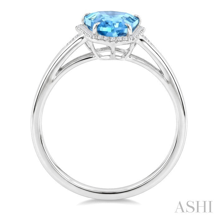 16X7 MM Evoque Gemstones Shield Shape Blue Topaz and 1/6 Ctw Round Cut Diamond Semi-Precious Ring in 10K White Gold