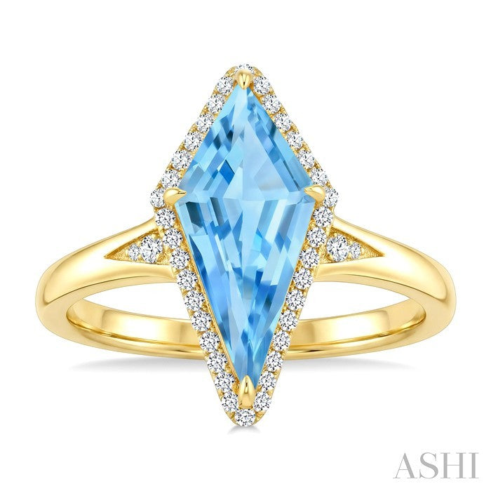 16X7 MM Evoque Gemstones Kite Shape Blue Topaz and 1/6 Ctw Round Cut Diamond Semi-Precious Ring in 10K Yellow Gold