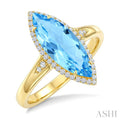 16X7 MM Evoque Gemstones Marquise Shape Blue Topaz and 1/6 Ctw Round Cut Diamond Semi-Precious Ring in 10K Yellow Gold
