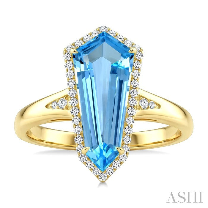 16X7 MM Evoque Gemstones Shield Shape Blue Topaz and 1/6 Ctw Round Cut Diamond Semi-Precious Ring in 10K Yellow Gold