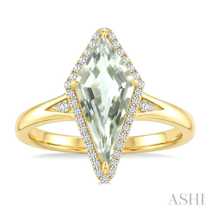 16X7 MM Evoque Gemstone Kite Shape Green Amethyst and 1/6 Ctw Round Cut Diamond Semi-Precious Ring in 10K Yellow Gold