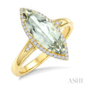 16X7 MM Evoque Gemstone Marquise Shape Green Amethyst and 1/6 Ctw Round Cut Diamond Semi-Precious Ring in 10K Yellow Gold