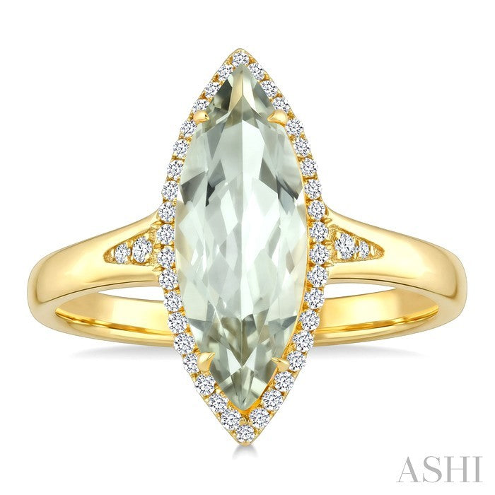 16X7 MM Evoque Gemstone Marquise Shape Green Amethyst and 1/6 Ctw Round Cut Diamond Semi-Precious Ring in 10K Yellow Gold