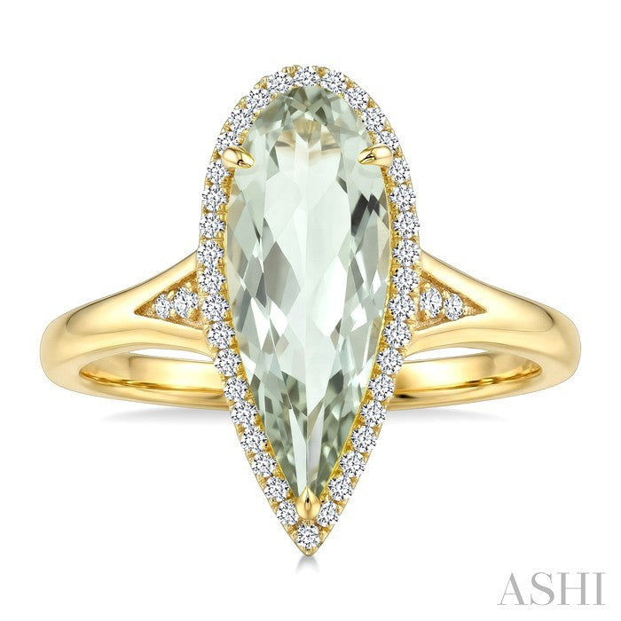 16X6 MM Evoque Gemstone Pear Shape Green Amethyst and 1/6 Ctw Round Cut Diamond Semi-Precious Ring in 10K Yellow Gold