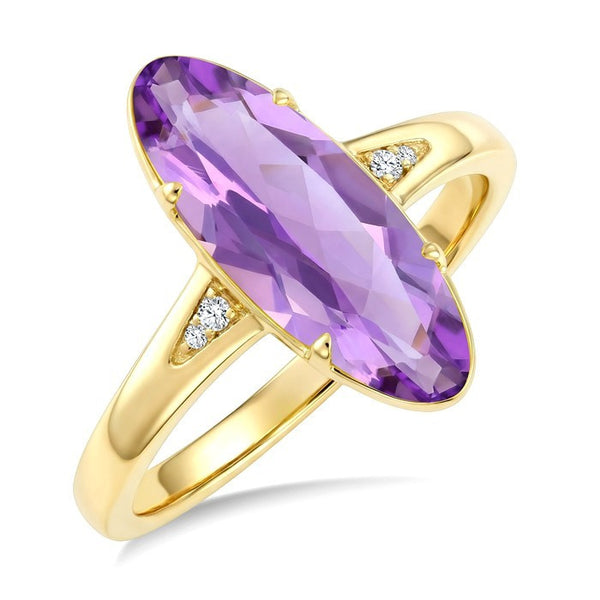 16X6 MM Evoque Gemstones Oval Shape Amethyst and 1/50 Ctw Round Cut Diamond Semi-Precious Ring in 10K Yellow Gold