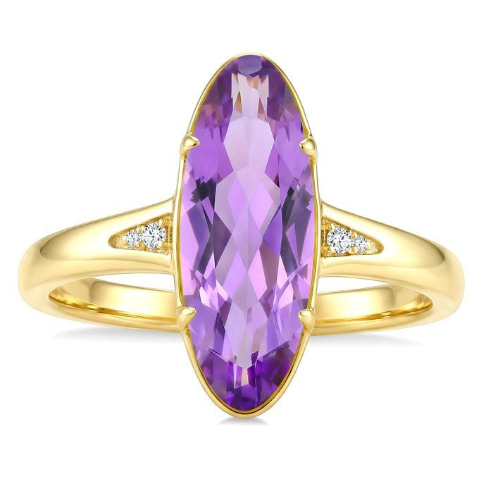 16X6 MM Evoque Gemstones Oval Shape Amethyst and 1/50 Ctw Round Cut Diamond Semi-Precious Ring in 10K Yellow Gold