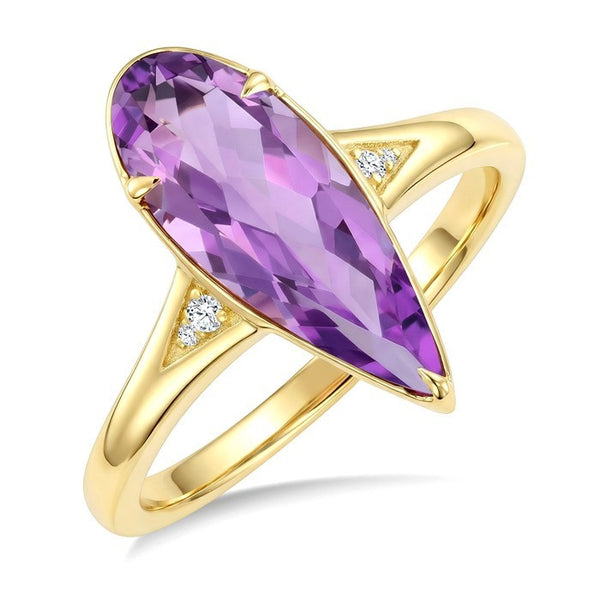 16X6 MM Evoque Gemstones Pear Shape Amethyst and 1/50 Ctw Round Cut Diamond Semi-Precious Ring in 10K Yellow Gold