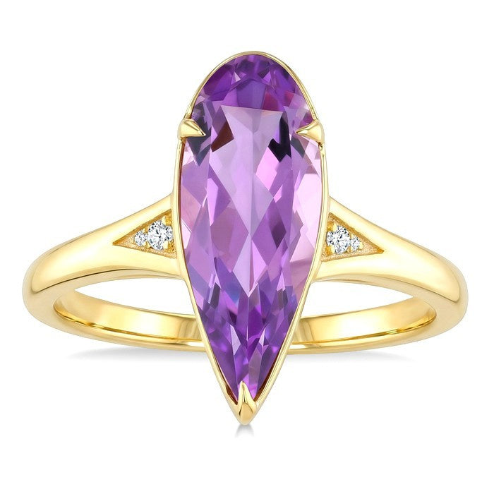 16X6 MM Evoque Gemstones Pear Shape Amethyst and 1/50 Ctw Round Cut Diamond Semi-Precious Ring in 10K Yellow Gold