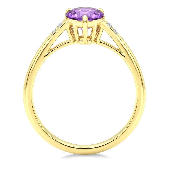 16X6 MM Evoque Gemstones Pear Shape Amethyst and 1/50 Ctw Round Cut Diamond Semi-Precious Ring in 10K Yellow Gold