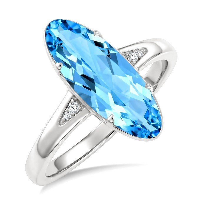 16X6 MM Evoque Gemstones Oval Shape Blue Topaz and 1/50 Ctw Round Cut Diamond Semi-Precious Ring in 10K White Gold