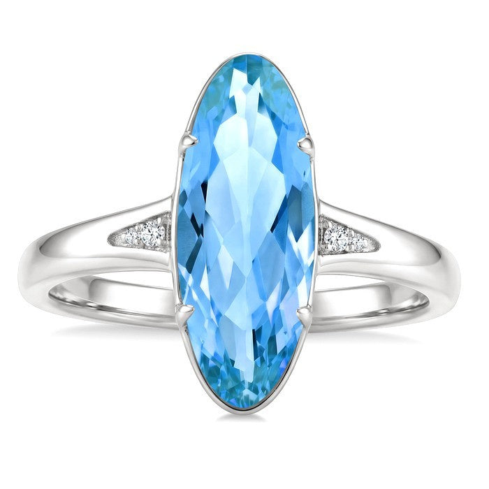 16X6 MM Evoque Gemstones Oval Shape Blue Topaz and 1/50 Ctw Round Cut Diamond Semi-Precious Ring in 10K White Gold