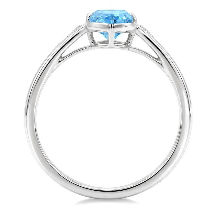 16X6 MM Evoque Gemstones Oval Shape Blue Topaz and 1/50 Ctw Round Cut Diamond Semi-Precious Ring in 10K White Gold