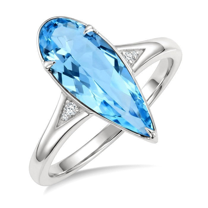 16X6 MM Evoque Gemstones Pear Shape Blue Topaz and 1/50 Ctw Round Cut Diamond Semi-Precious Ring in 10K White Gold