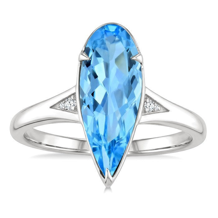 16X6 MM Evoque Gemstones Pear Shape Blue Topaz and 1/50 Ctw Round Cut Diamond Semi-Precious Ring in 10K White Gold