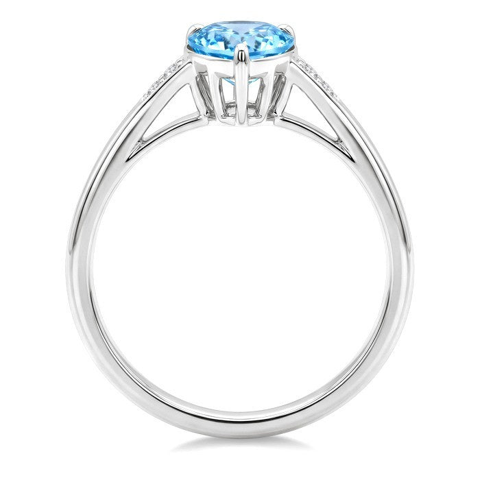 16X6 MM Evoque Gemstones Pear Shape Blue Topaz and 1/50 Ctw Round Cut Diamond Semi-Precious Ring in 10K White Gold