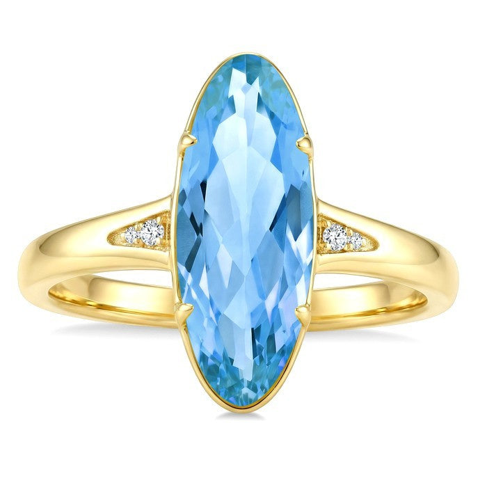 16X6 MM Evoque Gemstones Oval Shape Blue Topaz and 1/50 Ctw Round Cut Diamond Semi-Precious Ring in 10K Yellow Gold