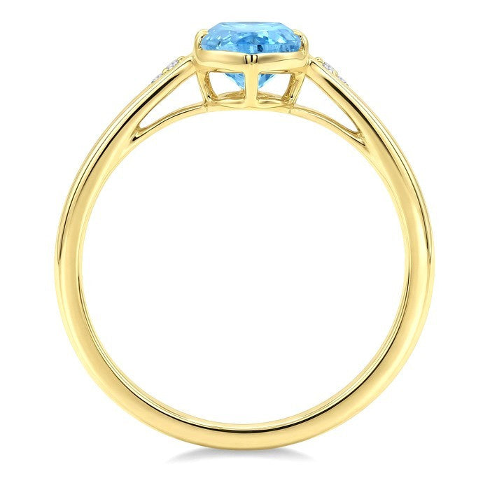 16X6 MM Evoque Gemstones Oval Shape Blue Topaz and 1/50 Ctw Round Cut Diamond Semi-Precious Ring in 10K Yellow Gold