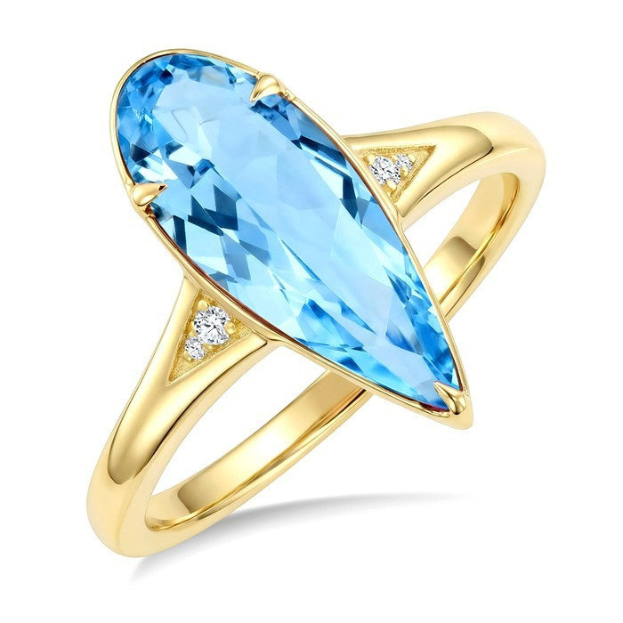 16X6 MM Evoque Gemstones Pear Shape Blue Topaz and 1/50 Ctw Round Cut Diamond Semi-Precious Ring in 10K Yellow Gold