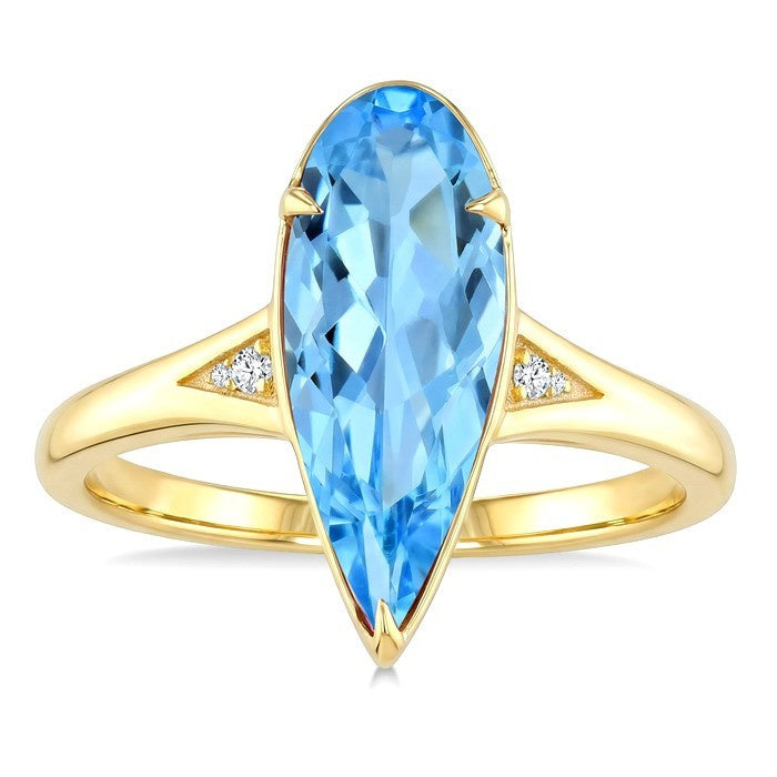 16X6 MM Evoque Gemstones Pear Shape Blue Topaz and 1/50 Ctw Round Cut Diamond Semi-Precious Ring in 10K Yellow Gold
