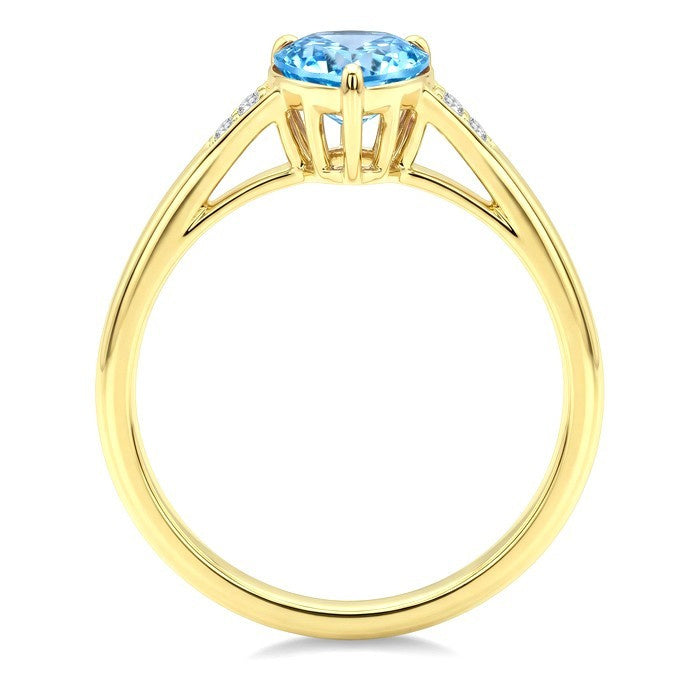 16X6 MM Evoque Gemstones Pear Shape Blue Topaz and 1/50 Ctw Round Cut Diamond Semi-Precious Ring in 10K Yellow Gold