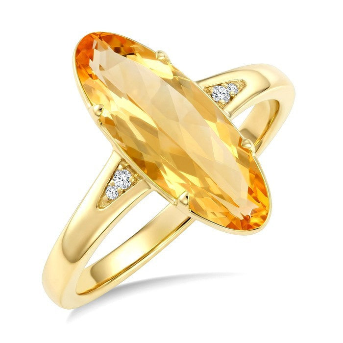 16X6 MM Evoque Gemstone Oval Shape Citrine and 1/50 Ctw Round Cut Diamond Semi-Precious Ring in 10K Yellow Gold