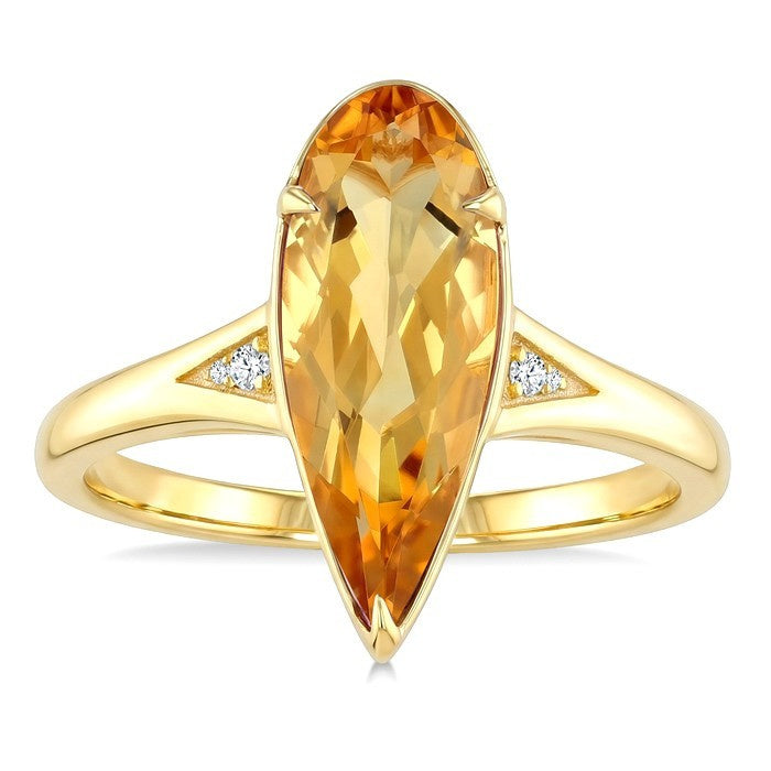 16X6 MM Evoque Gemstone Pear Shape Citrine and 1/50 Ctw Round Cut Diamond Semi-Precious Ring in 10K Yellow Gold