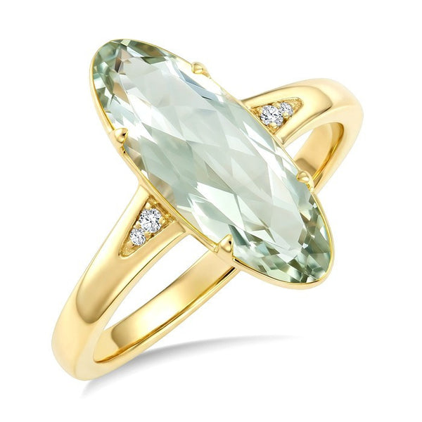 16X6 MM Evoque Gemstone Oval Shape Green Amethyst and 1/50 Ctw Round Cut Diamond Semi-Precious Ring in 10K Yellow Gold