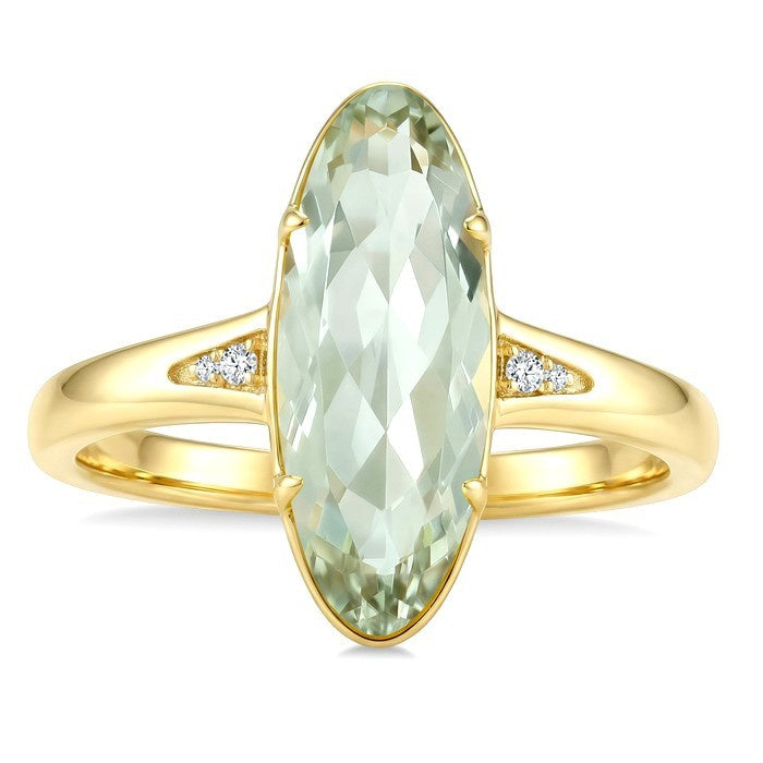 16X6 MM Evoque Gemstone Oval Shape Green Amethyst and 1/50 Ctw Round Cut Diamond Semi-Precious Ring in 10K Yellow Gold
