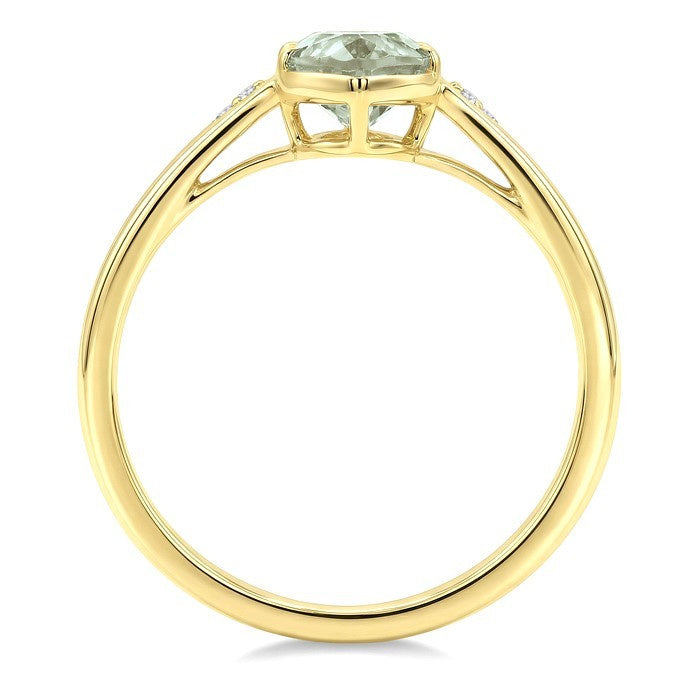 16X6 MM Evoque Gemstone Oval Shape Green Amethyst and 1/50 Ctw Round Cut Diamond Semi-Precious Ring in 10K Yellow Gold