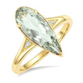 16X6 MM Evoque Gemstone Pear Shape Green Amethyst and 1/50 Ctw Round Cut Diamond Semi-Precious Ring in 10K Yellow Gold