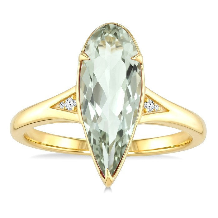 16X6 MM Evoque Gemstone Pear Shape Green Amethyst and 1/50 Ctw Round Cut Diamond Semi-Precious Ring in 10K Yellow Gold