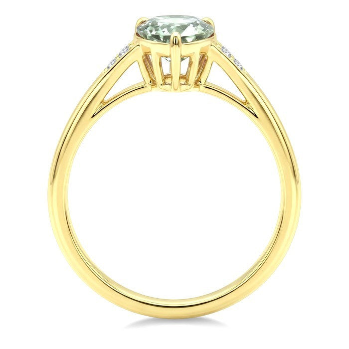 16X6 MM Evoque Gemstone Pear Shape Green Amethyst and 1/50 Ctw Round Cut Diamond Semi-Precious Ring in 10K Yellow Gold