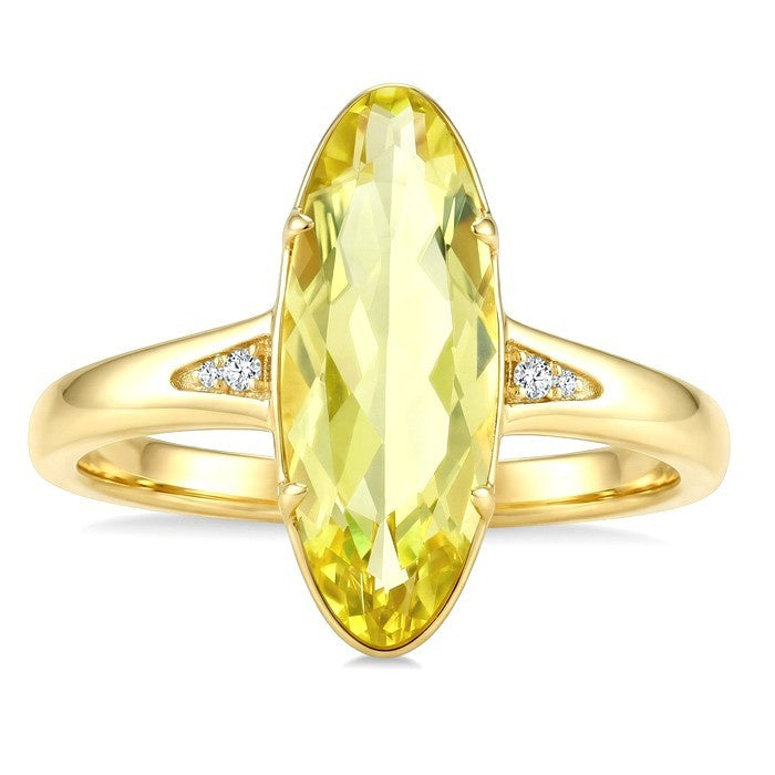 16X6 MM Evoque Gemstones Oval Shape Lemon Quartz and 1/50 Ctw Round Cut Diamond Semi-Precious Ring in 10K Yellow Gold