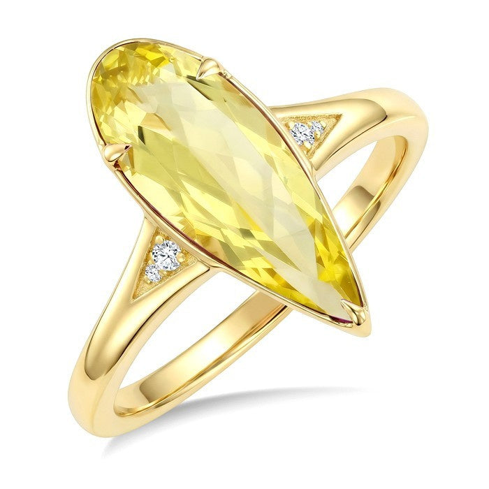 16X6 MM Evoque Gemstones Pear Shape Lemon Quartz and 1/50 Ctw Round Cut Diamond Semi-Precious Ring in 10K Yellow Gold