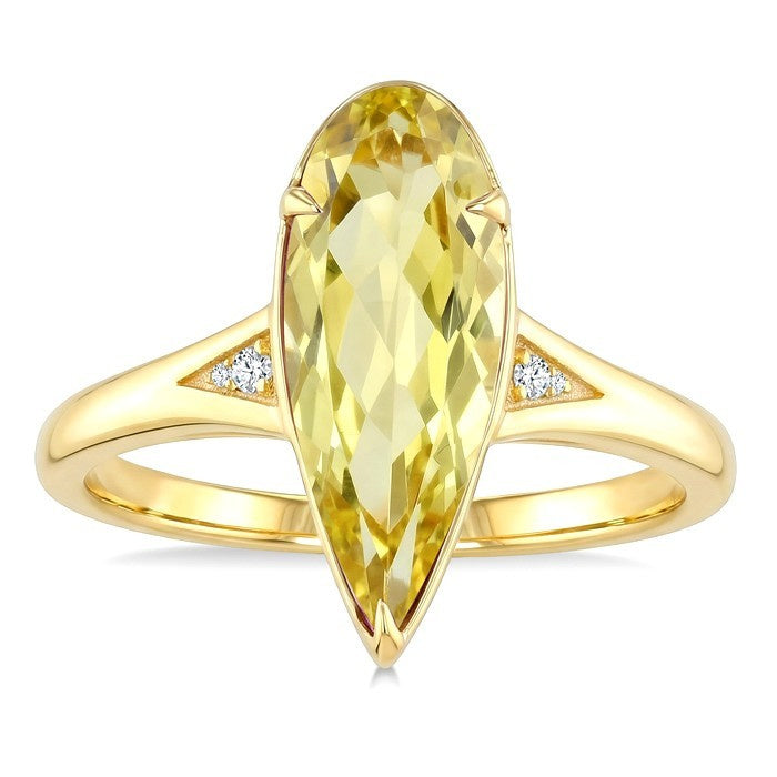 16X6 MM Evoque Gemstones Pear Shape Lemon Quartz and 1/50 Ctw Round Cut Diamond Semi-Precious Ring in 10K Yellow Gold