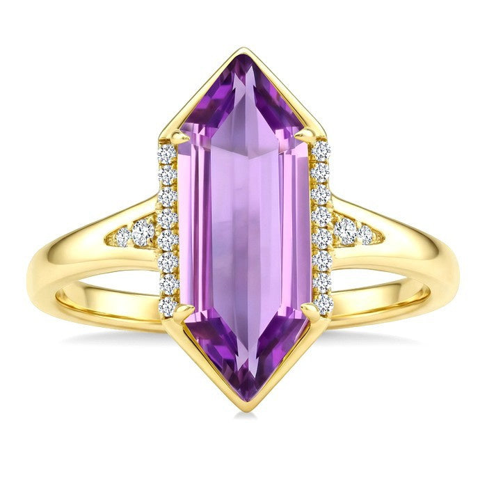 16X6 MM Evoque Gemstones Hexagon Shape Amethyst and 1/10 Ctw Round Cut Diamond Semi-Precious Ring in 10K Yellow Gold