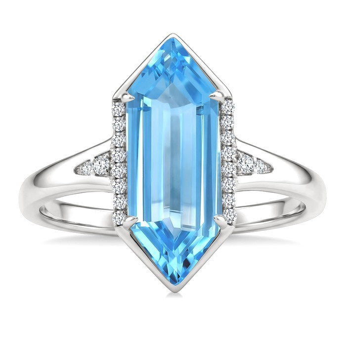 16X6 MM Evoque Gemstones Hexagon Shape Blue Topaz and 1/10 Ctw Round Cut Diamond Semi-Precious Ring in 10K White Gold