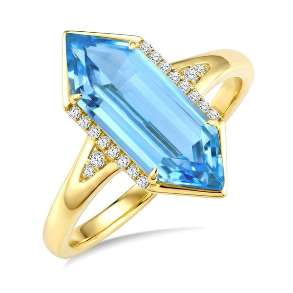 16X6 MM Evoque Gemstones Hexagon Shape Blue Topaz and 1/10 Ctw Round Cut Diamond Semi-Precious Ring in 10K Yellow Gold