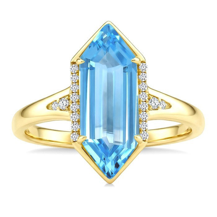 16X6 MM Evoque Gemstones Hexagon Shape Blue Topaz and 1/10 Ctw Round Cut Diamond Semi-Precious Ring in 10K Yellow Gold