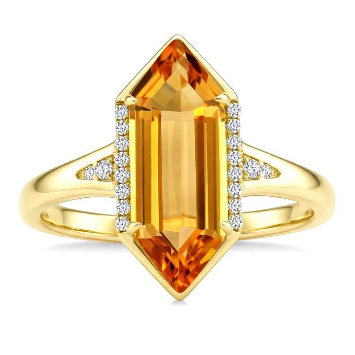 16X6 MM Evoque Gemstone Hexagon Shape Citrine and 1/10 Ctw Round Cut Diamond Semi-Precious Ring in 10K Yellow Gold