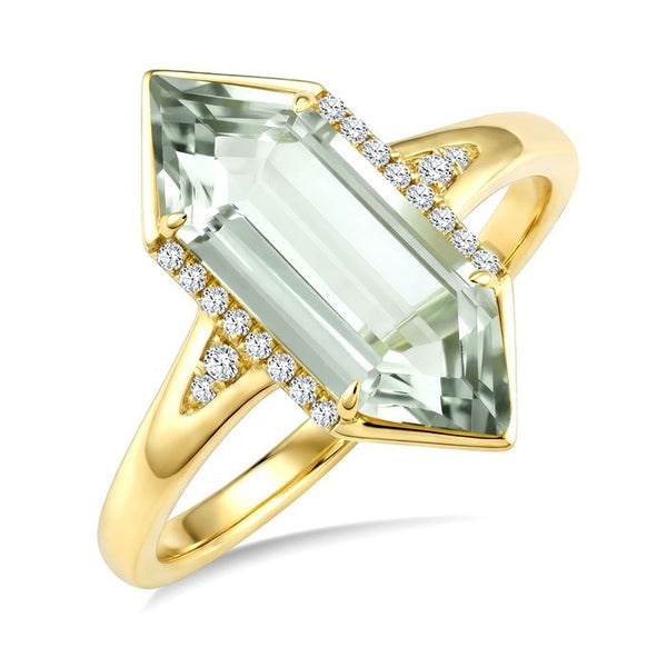 16X6 MM Evoque Gemstone Hexagon Shape Green Amethyst and 1/10 Ctw Round Cut Diamond Semi-Precious Ring in 10K Yellow Gold