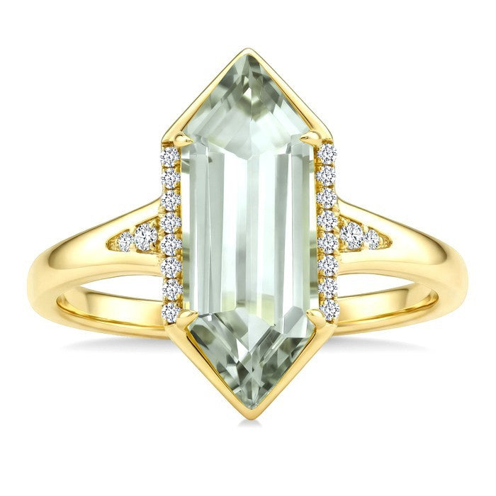 16X6 MM Evoque Gemstone Hexagon Shape Green Amethyst and 1/10 Ctw Round Cut Diamond Semi-Precious Ring in 10K Yellow Gold