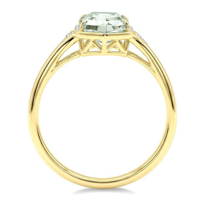 16X6 MM Evoque Gemstone Hexagon Shape Green Amethyst and 1/10 Ctw Round Cut Diamond Semi-Precious Ring in 10K Yellow Gold