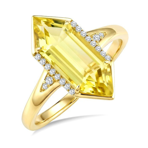 16X6 MM Evoque Gemstones Hexagon Shape Lemon Quartz and 1/10 Ctw Round Cut Diamond Semi-Precious Ring in 10K Yellow Gold